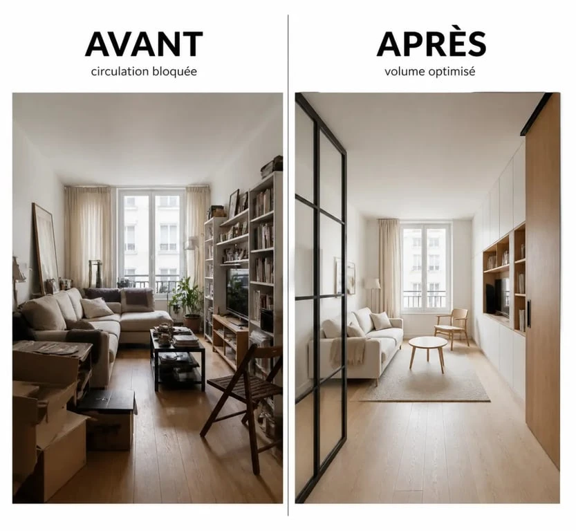 Aménagement intérieur d’un petit salon avant et après réorganisation pour gagner en fluidité et en lumière