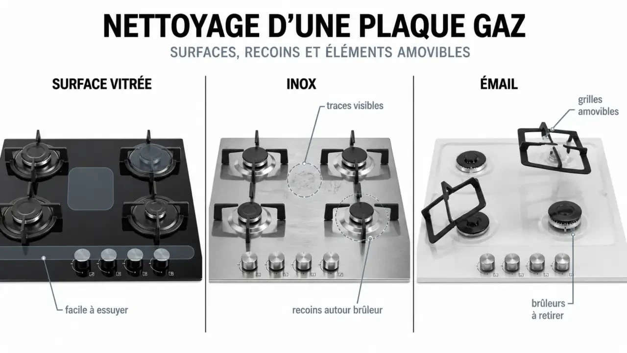 Plaque gaz facile à nettoyer : comparaison visuelle des surfaces vitrée, inox et émail