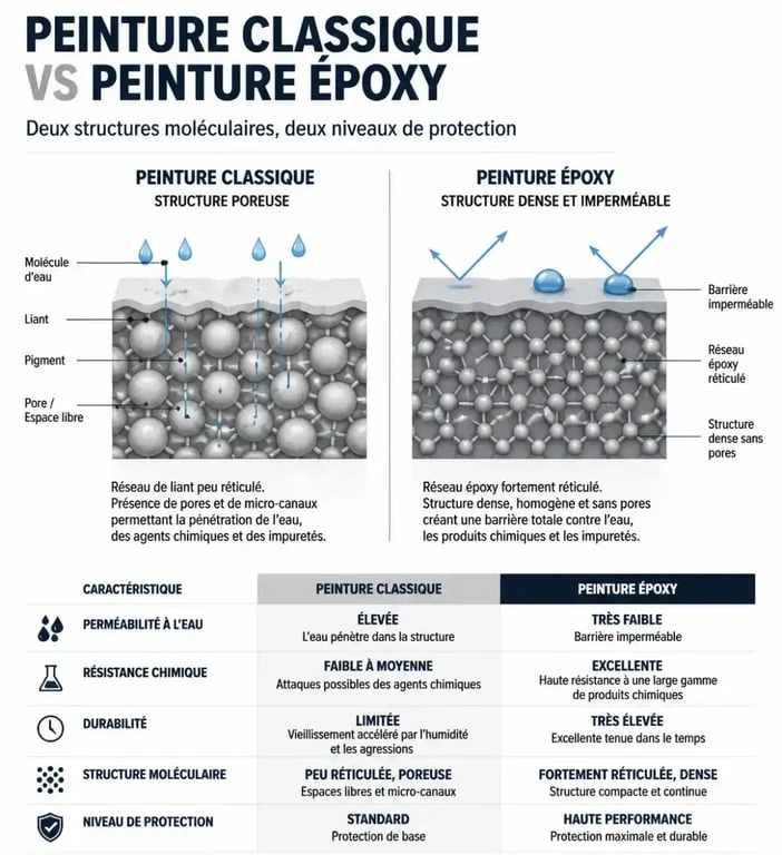 Schéma comparatif de la structure d'une peinture époxy murale par rapport à une peinture classique