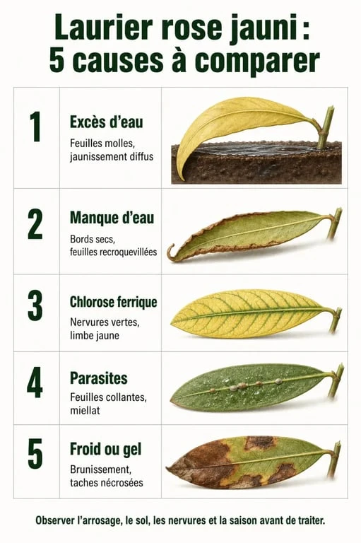 Laurier rose jauni : infographie des causes possibles et des symptômes à comparer