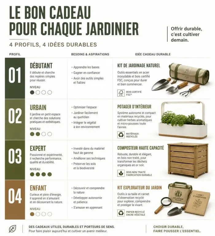 Infographie des meilleures idées cadeaux pour jardinier selon le profil : débutant, urbain, expert ou enfant.