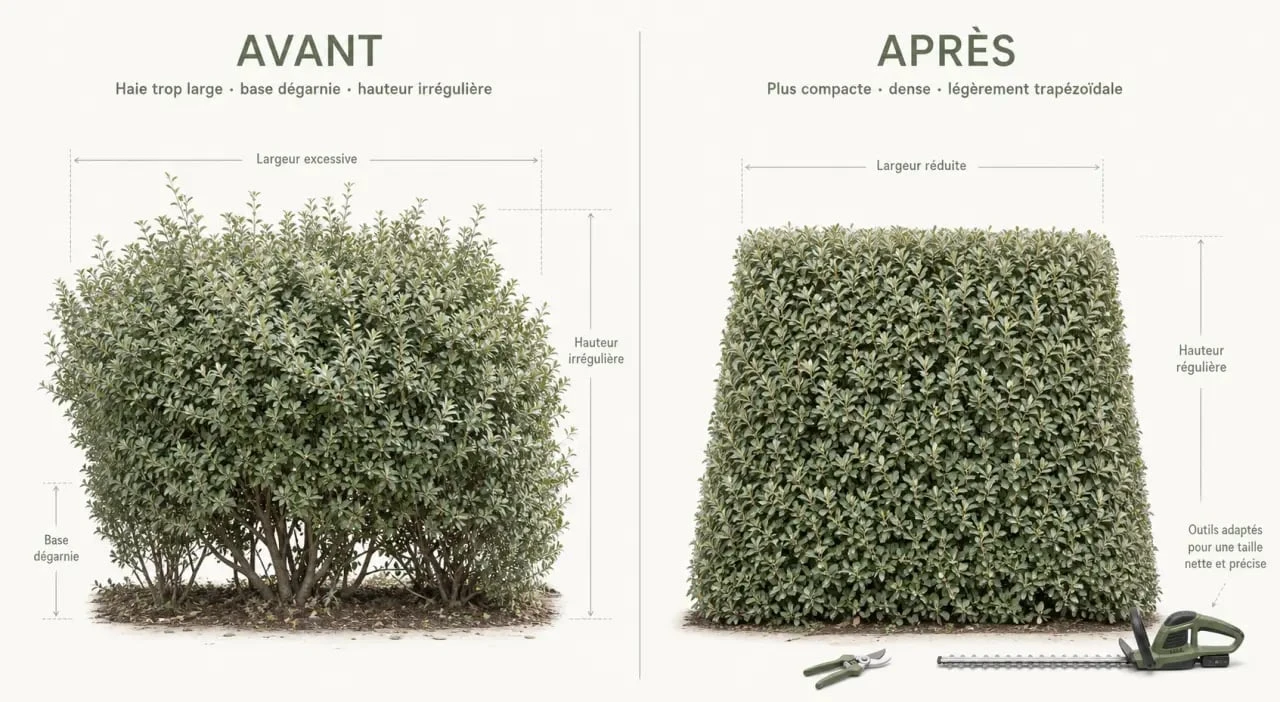 tailler les eleagnus avant et après une taille d’entretien sur une haie de jardin