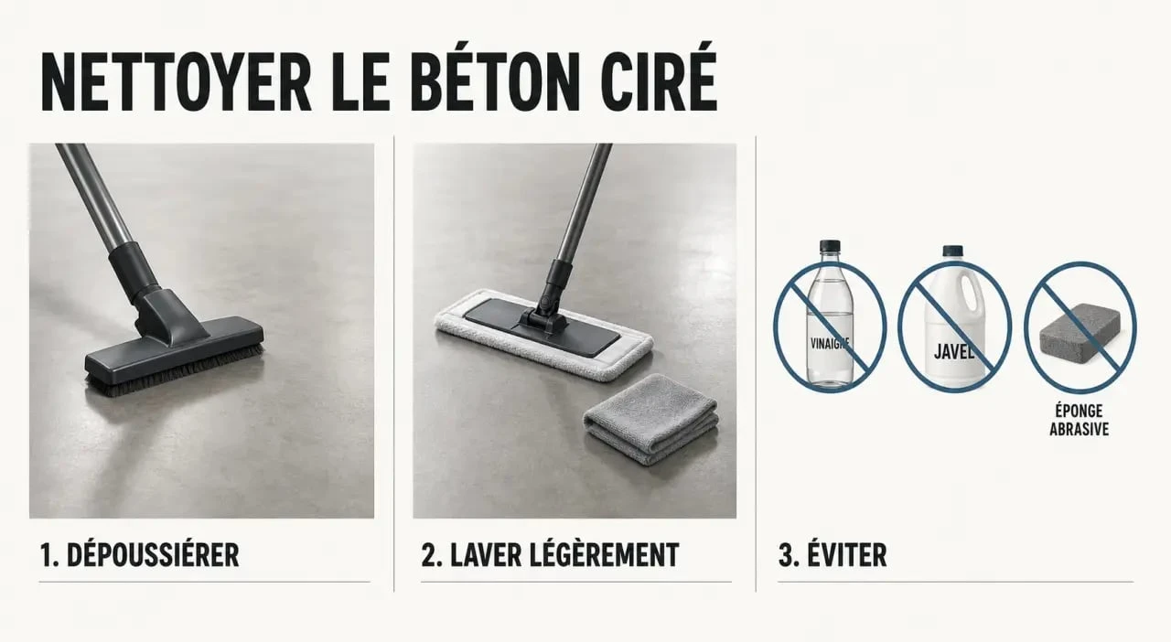 Nettoyer béton ciré : gestes doux, produits autorisés et produits à éviter