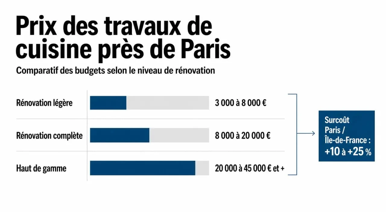 Travaux cuisine prix près de Paris : comparaison visuelle des budgets de rénovation légère, complète et haut de gamme