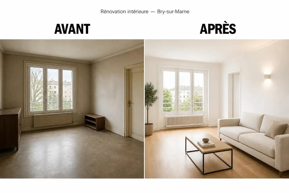 Rénovation intérieure Bry sur Marne : avant/après d’un salon modernisé avec parquet rénové et murs clairs