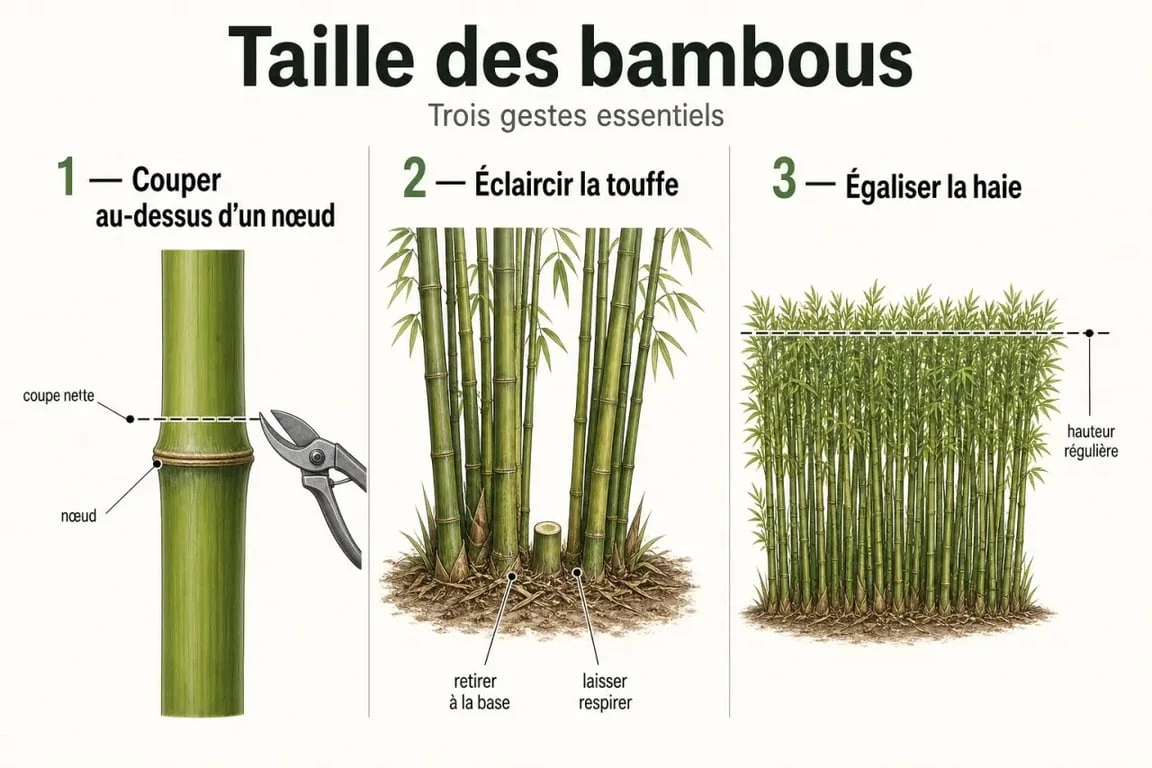 Taille des bambou : schéma des coupes au-dessus d’un nœud, de l’éclaircissage et de l’égalisation d’une haie
