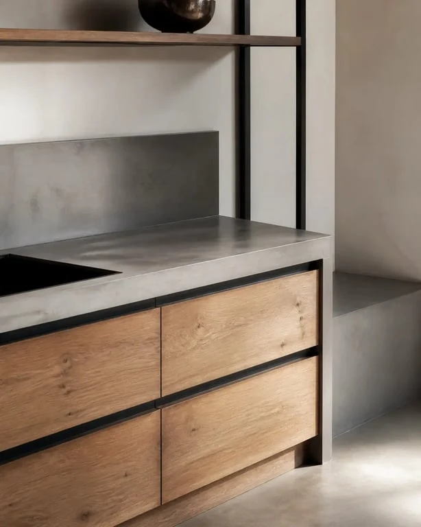 Détails de matières pour une cuisine atelier entre bois, métal noir et béton