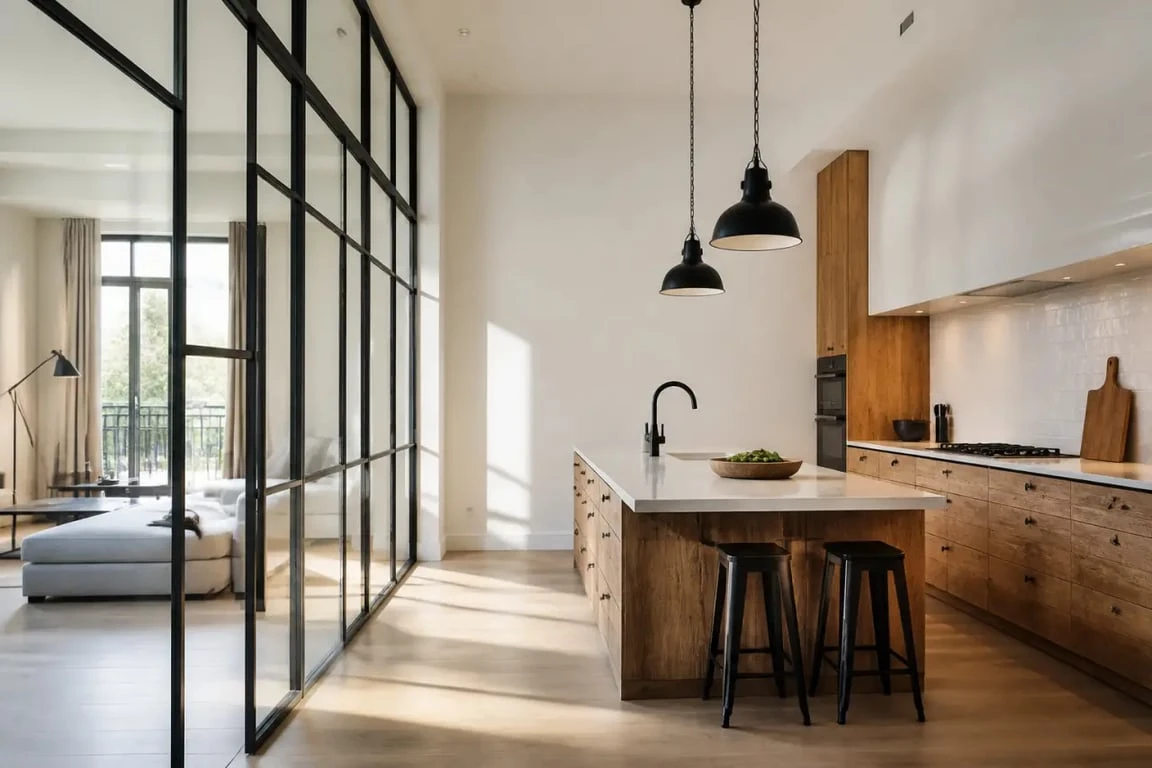 Cuisine atelier contemporaine avec verrière noire et îlot central
