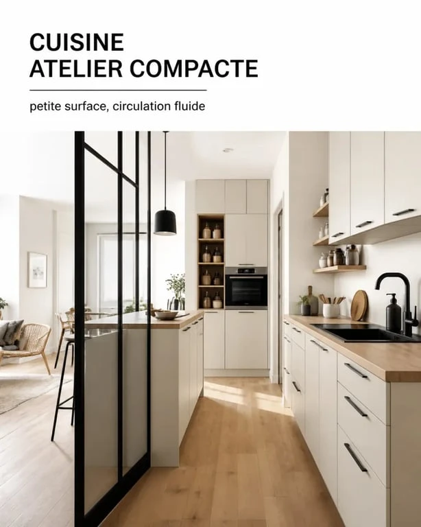 Cuisine atelier compacte avec verrière légère et rangements ouverts