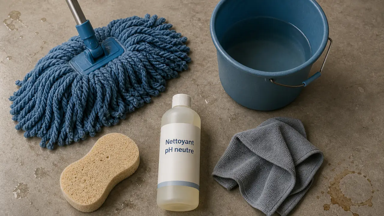 Nettoyer béton ciré avec pH neutre, éponge et microfibre, tache de café visible