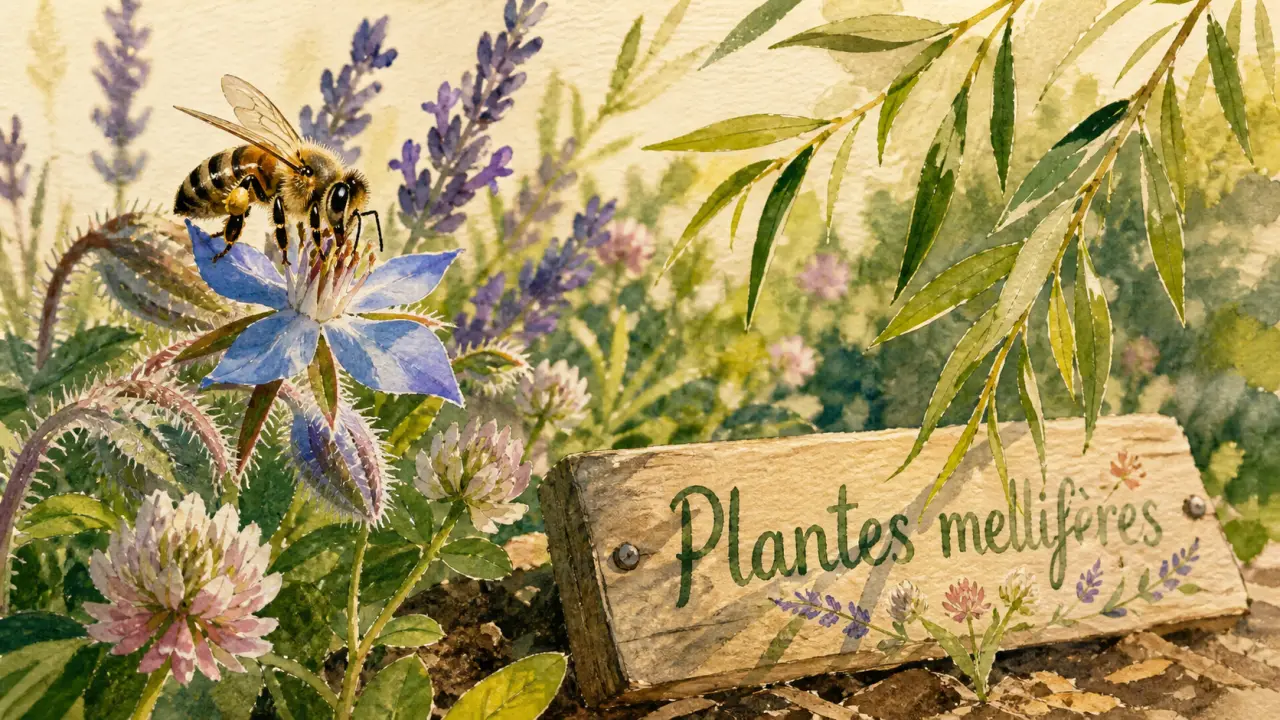 Plantes mellifères : abeille sur fleurs de jardin au printemps, nectar et pollen