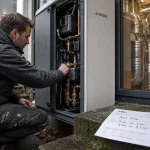 Pompe à chaleur Nibe avis : technicien près d’une PAC air-eau, tuyaux cuivre et rosée