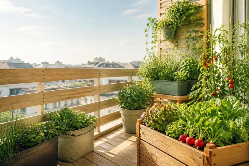Potager urbain sur balcon : 4 à 6 h de soleil, bacs légers et cultures faciles