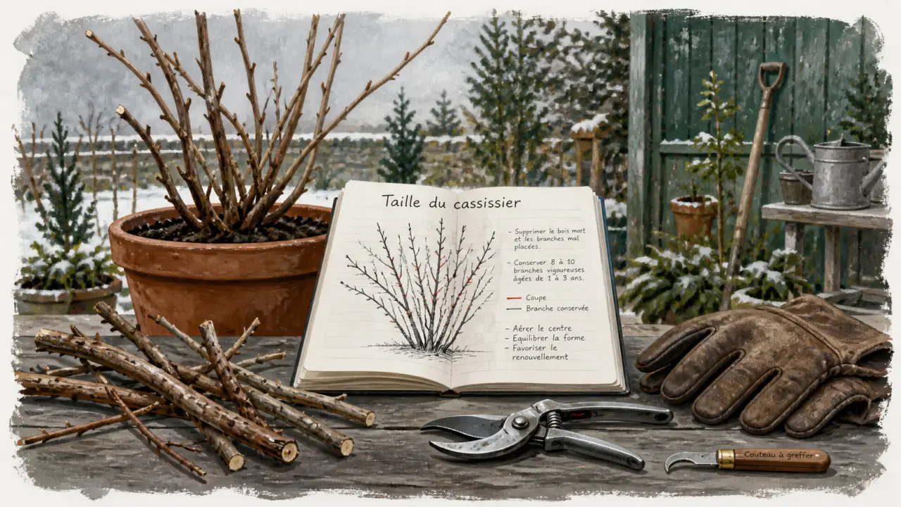 Taille cassissiers : 12 à 15 branches, cœur aéré, outil de taille au jardin