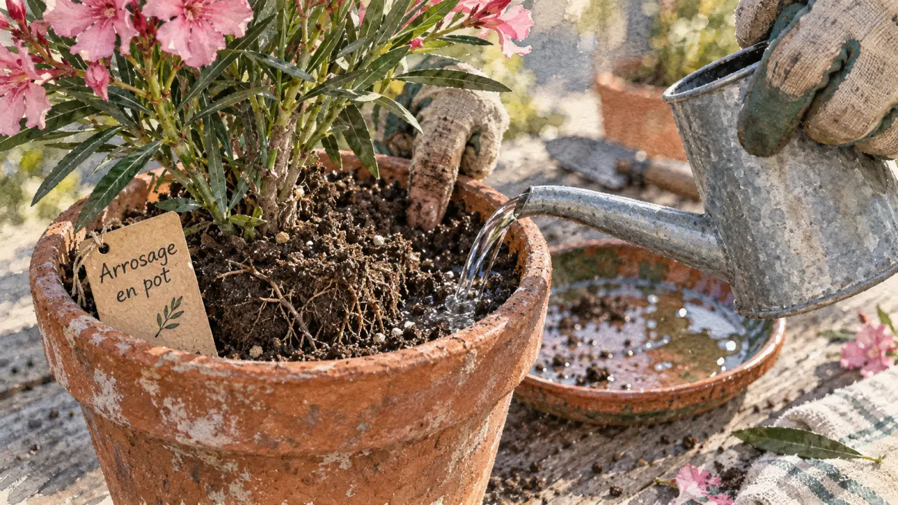 Arrosage laurier rose en pot, arrosez en profondeur sans eau stagner