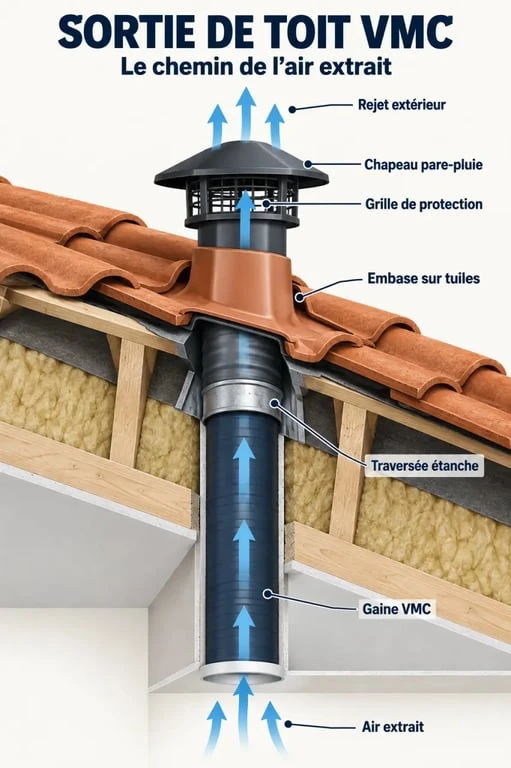 Schéma de fonctionnement d’une sortie de toit VMC avec gaine, étanchéité et chapeau pare-pluie