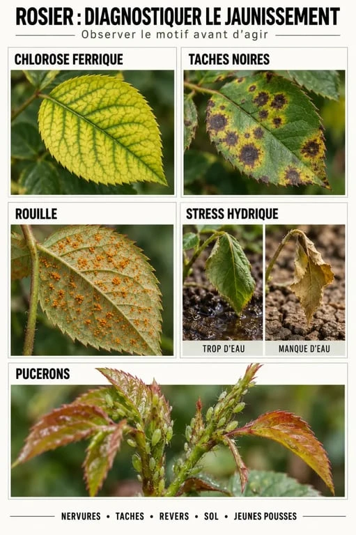 Infographie sur le rosier jaunissement des feuilles et les principales causes à reconnaître