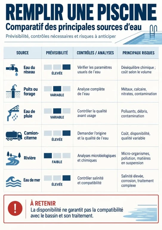 Infographie des sources d'eau pour le remplissage d'une piscine