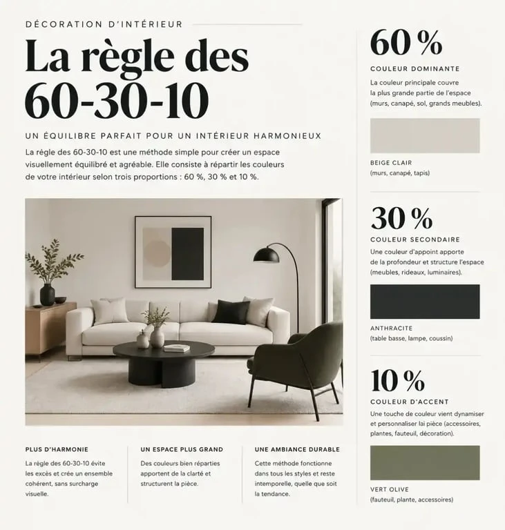 Infographie illustrant la règle 60-30-10 pour une décoration intérieure harmonieuse