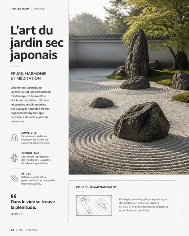 Jardin japonais de type karesansui avec sable ratissé et rochers