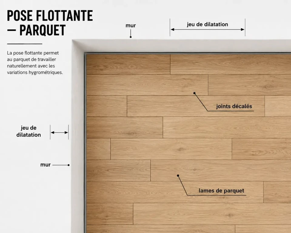 Illustration de la pose de parquet flottant en quinconce avec jeu de dilatation