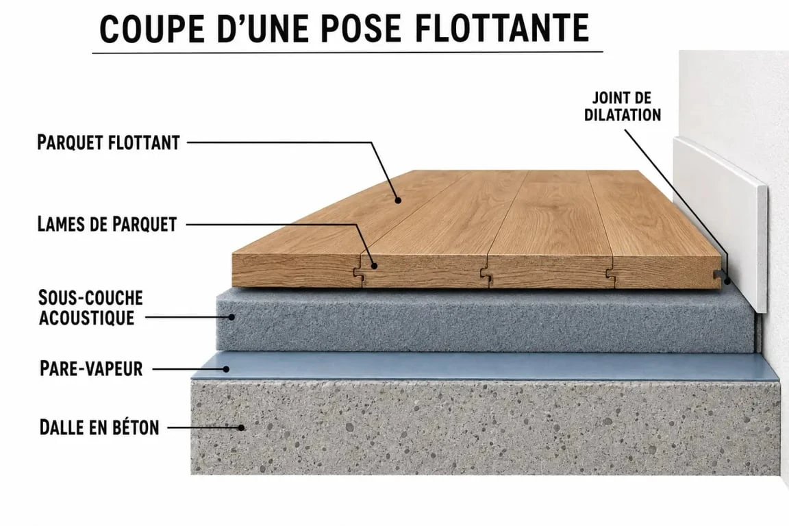 Schéma en coupe d'une pose de parquet flottant avec sous-couche et pare-vapeur