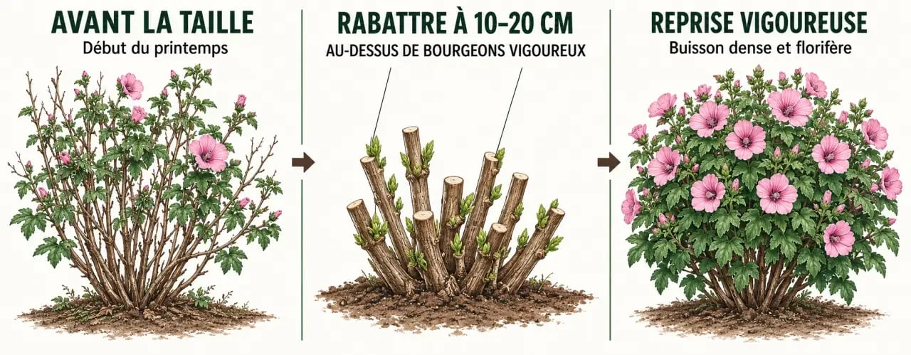 Lavatere arbuste : étapes de la taille courte au début du printemps