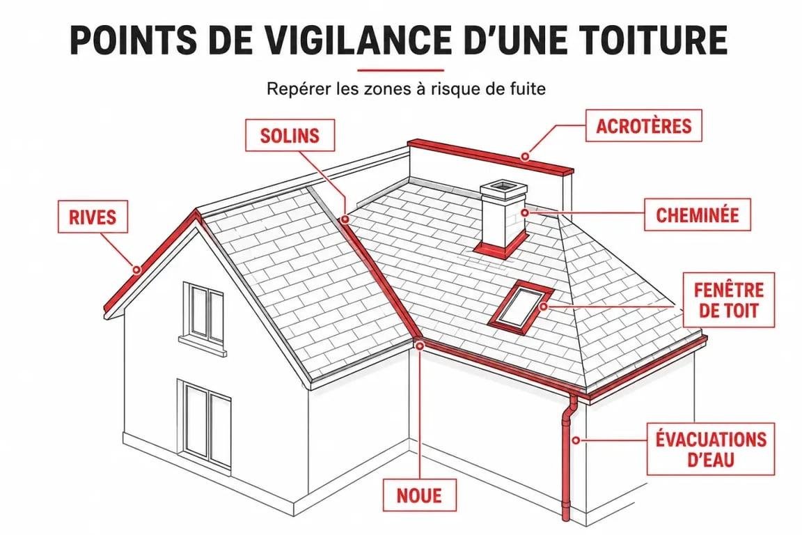 Étanchéité des toitures : schéma des points sensibles à contrôler pour détecter une infiltration