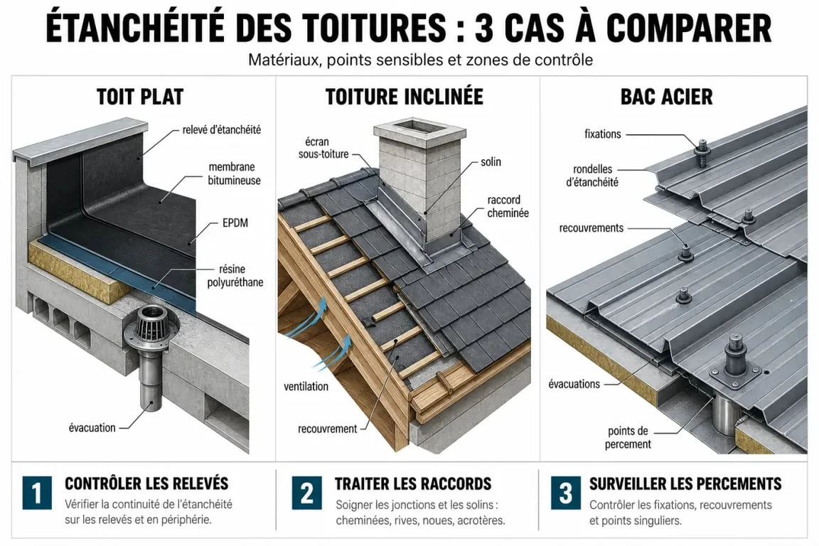 Étanchéité des toitures : comparaison des solutions pour toit plat, toiture inclinée et bac acier