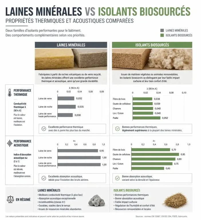 Infographie comparative des matériaux pour l'isolation des combles : laines minérales vs isolants biosourcés.