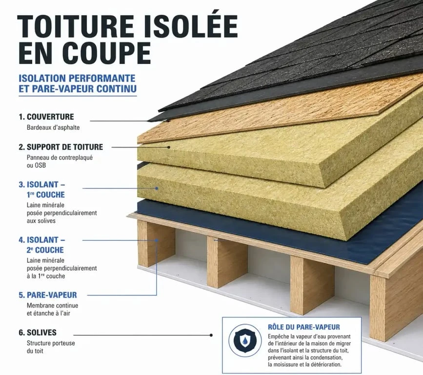 Schéma technique d'isolation des combles avec pare-vapeur et couches croisées pour une isolation efficace.