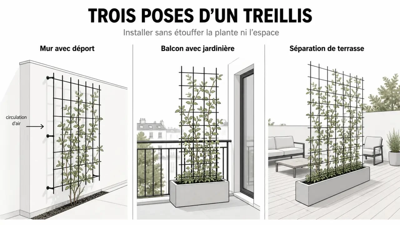Treillis plantes grimpantes installé sur mur, balcon et terrasse avec plantes grimpantes