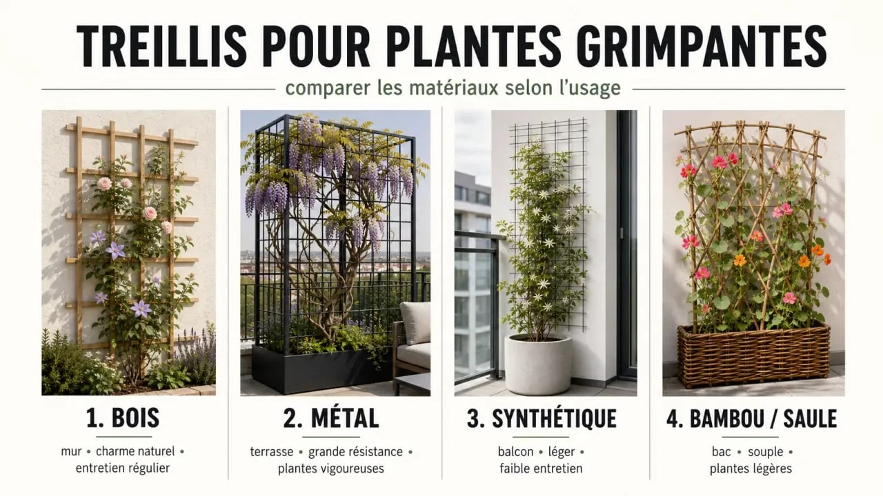 Treillis plantes grimpantes : comparaison visuelle des matériaux bois, métal, synthétique et bambou