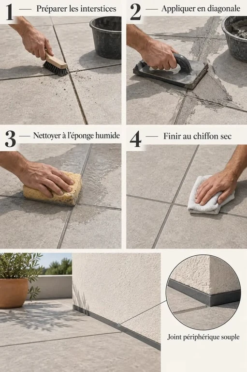 Étapes de pose d’un joint de carrelage extérieur sur une terrasse