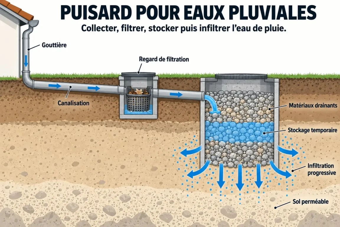 Schéma du fonctionnement d’un puisard pour l’infiltration des eaux pluviales