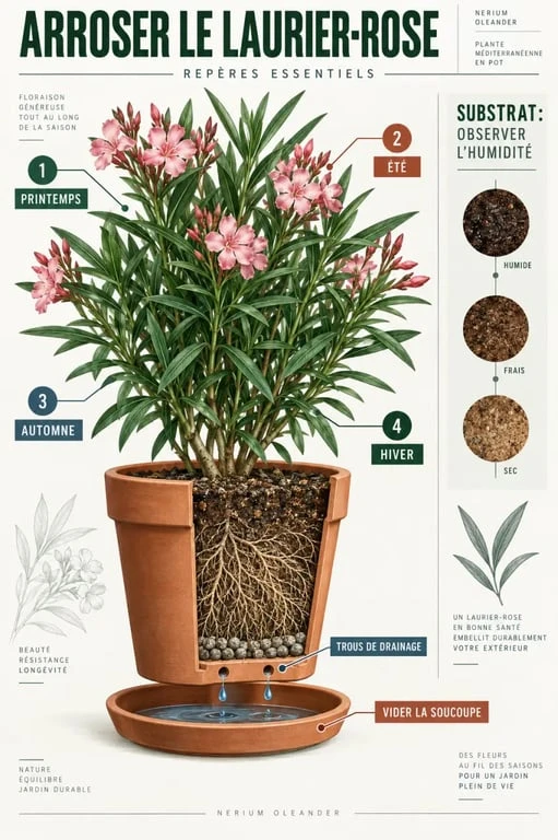 Infographie sur l’arrosage laurier rose en pot selon les saisons et l’humidité du substrat