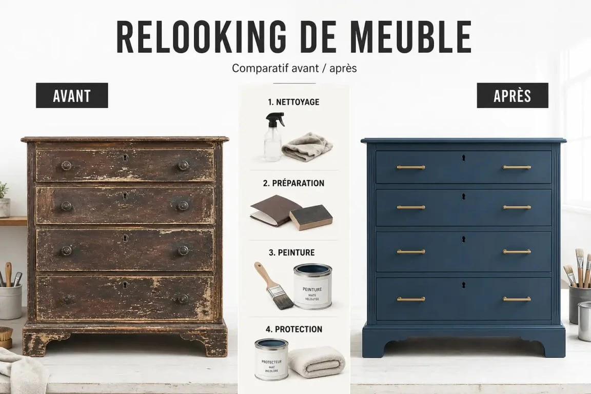 Relooking meuble avant/après d’une commode ancienne transformée avec peinture mate et nouvelles poignées