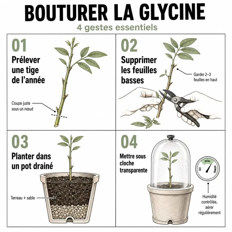 Bouturage glycines en étapes : prélèvement, préparation et plantation de la tige