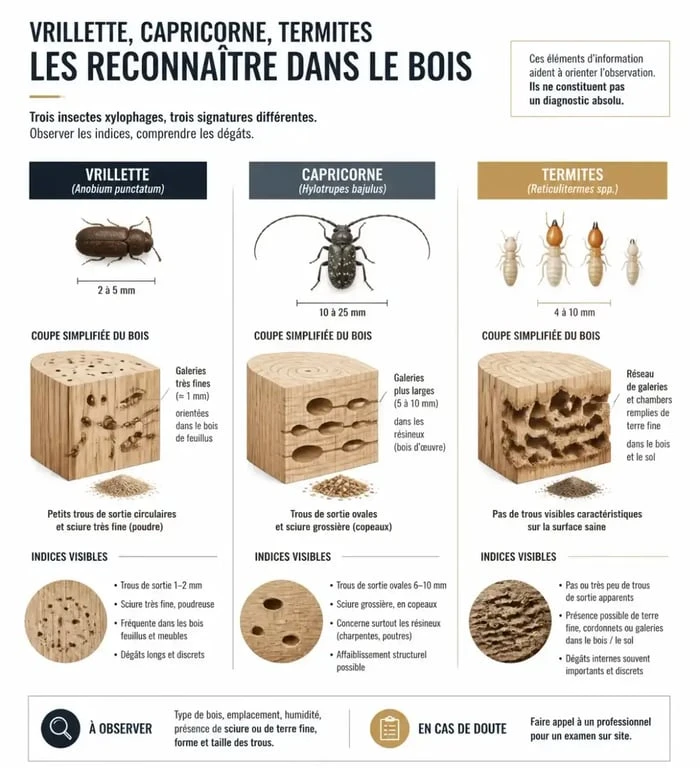 Infographie sur les vrillettes du bois et les différences avec le capricorne et les termites
