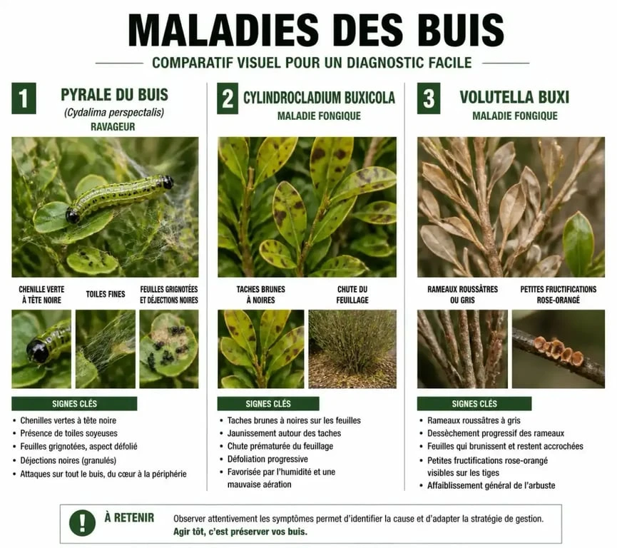 Maladie des buis : comparaison des symptômes de la pyrale, de Cylindrocladium et de Volutella