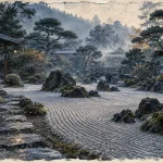 Jardin japonais karesansui : sable ratissé, rochers et lanterne en pierre