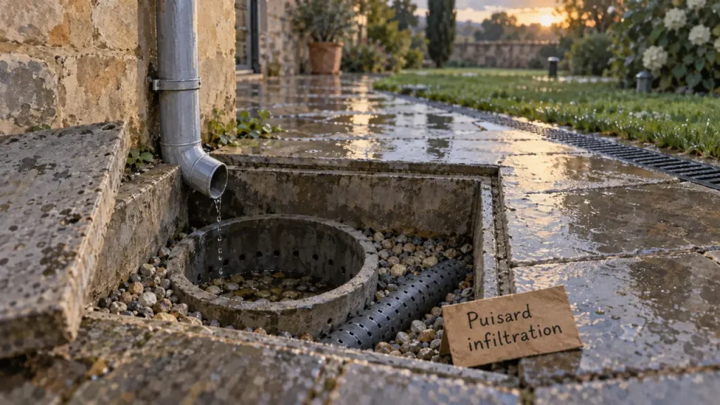 Puisard près des fondations après pluie, eaux à exclure