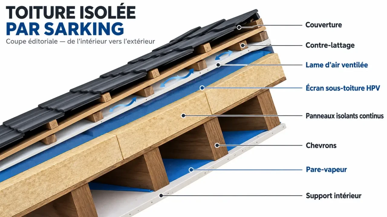 Schéma en coupe de l’isolation de toiture en sarking et de ses différentes couches