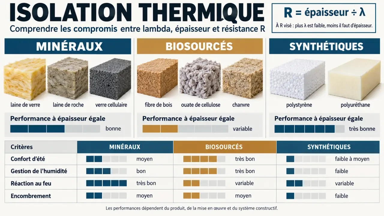 Infographie comparative sur les matériaux d’isolation thermique, le lambda et la résistance R