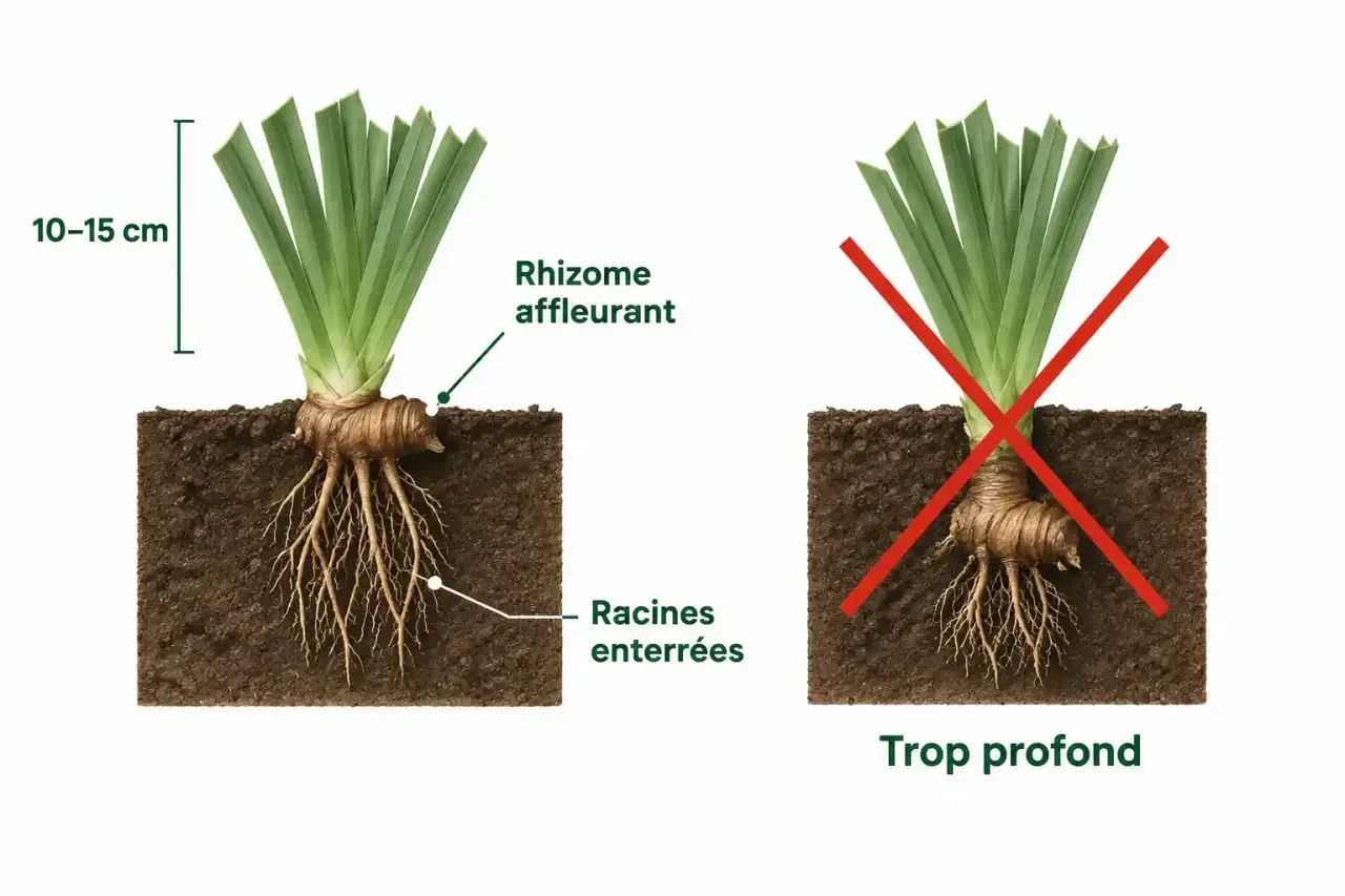 Schéma expliquant pourquoi mes iris ne fleurissent pas : rhizome affleurant correctement planté face à un rhizome enterré trop profondément