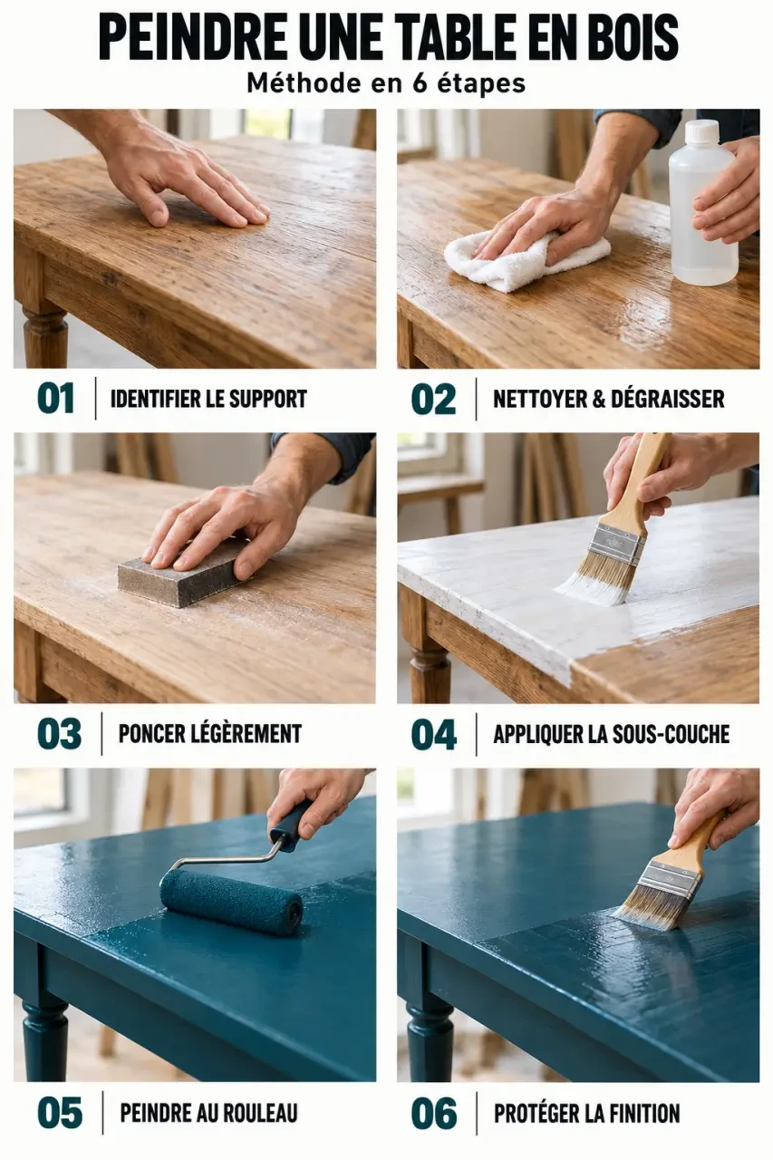 Étapes pour peindre une table en bois : nettoyage, ponçage, sous-couche, peinture et finition