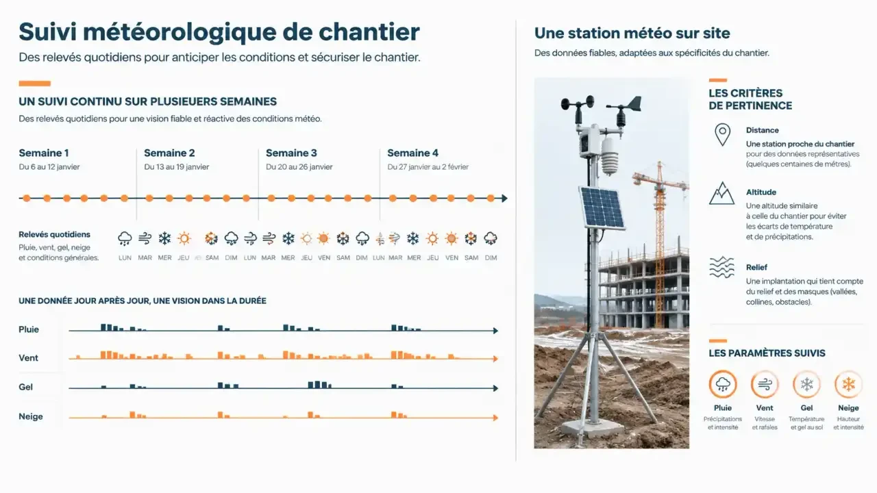 Infographie sur le suivi météorologique de chantier et le choix des données météo