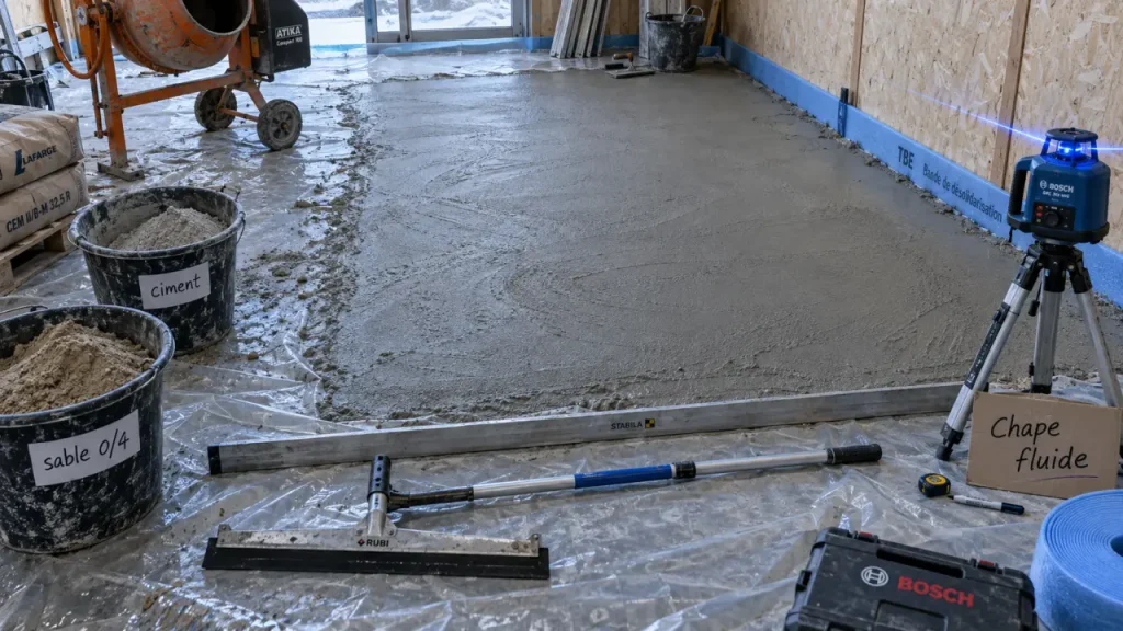 Peut-on faire une chape liquide à la bétonnière ? Dosage, coulage et fissures
