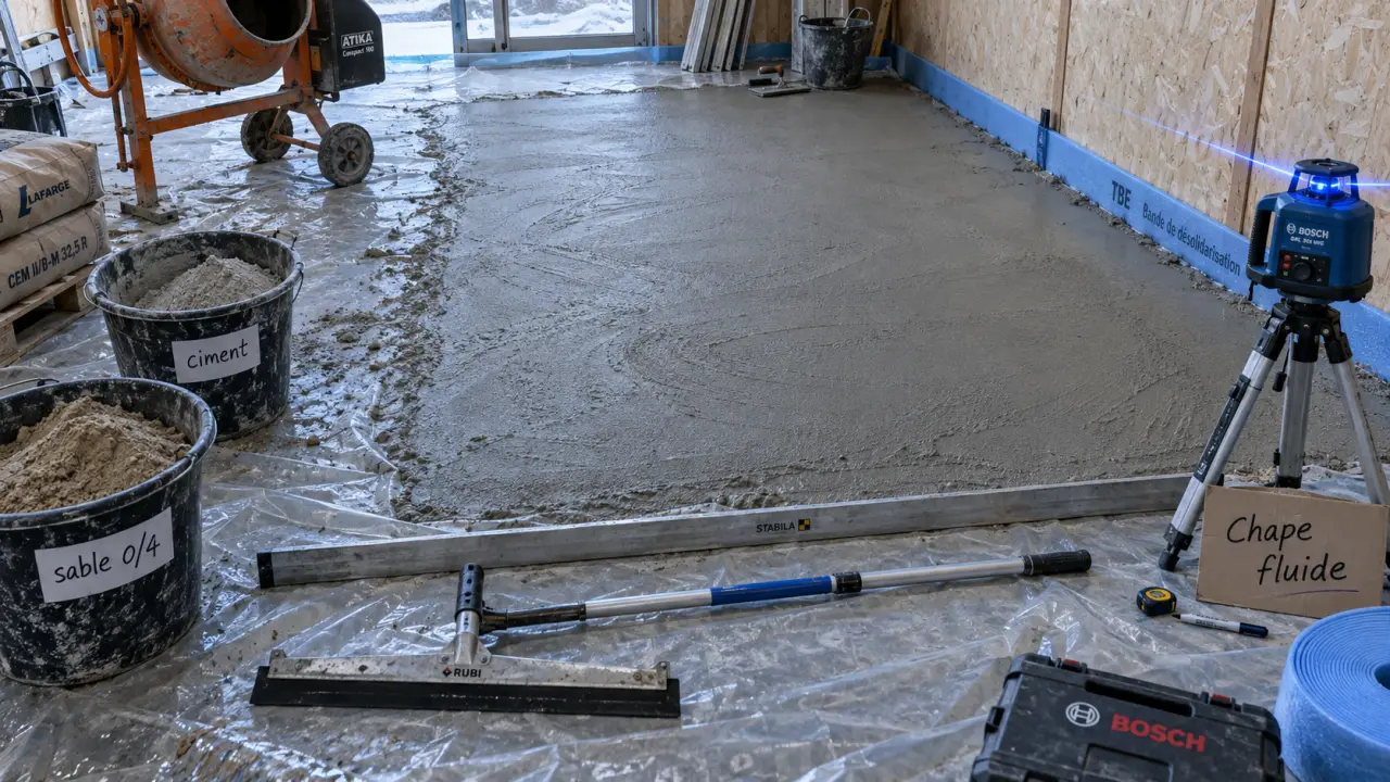 Faire une chape liquide à la bétonnière : mortier frais et outils de coulage