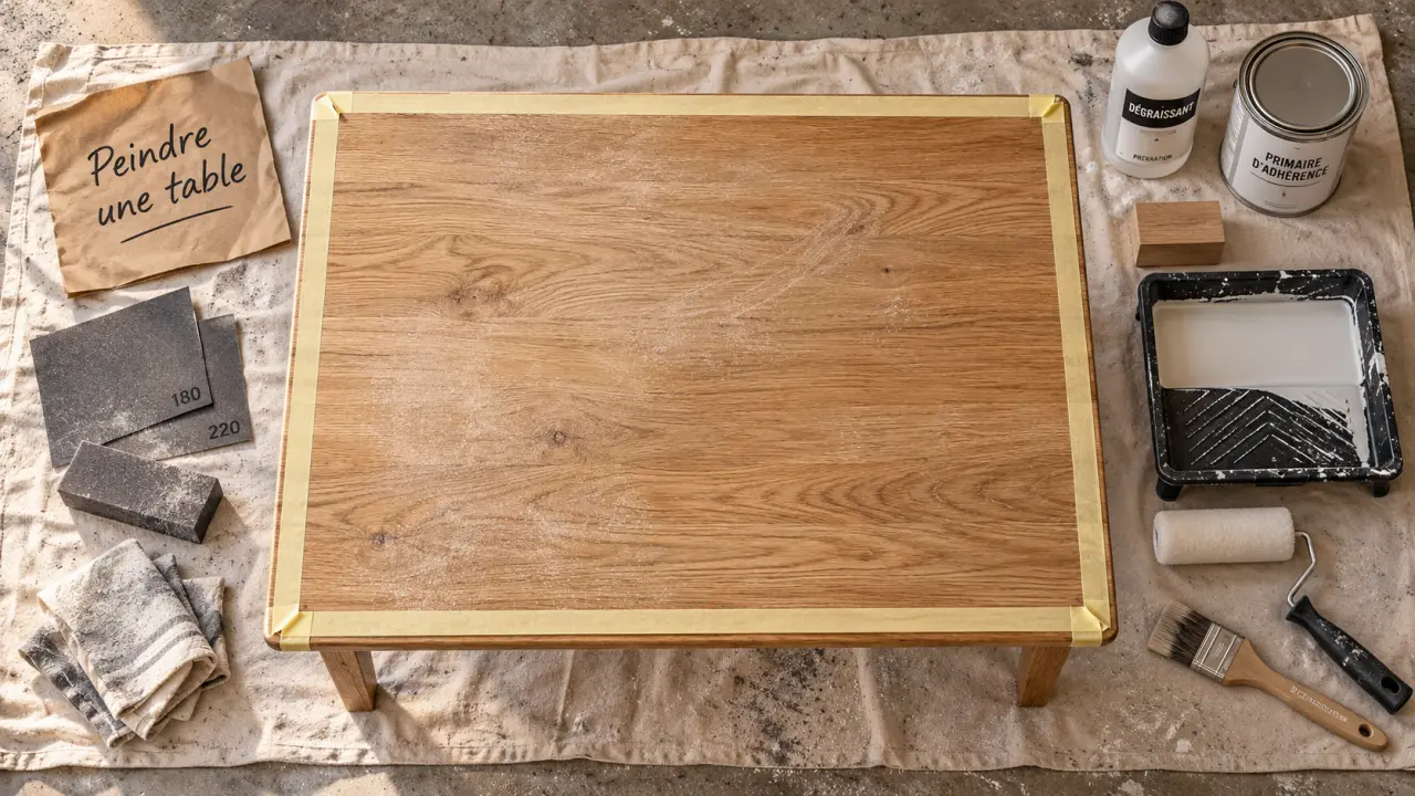 Peindre une table bois : plateau poncé, ruban de masquage et rouleau mousse